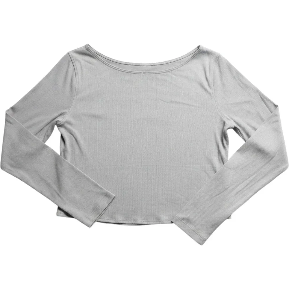 Lululemon Ribbed Twist Back Long Sleeve Crop Top Blue Gray Cutout Boat Neck